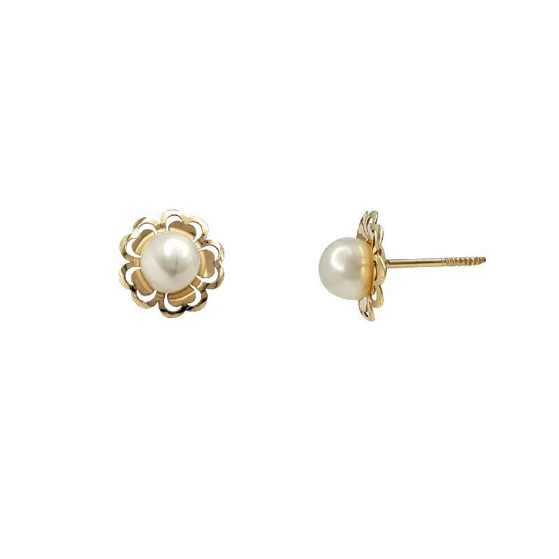 Handmade Crystal Earrings For Night Events-Outlined Petals Pearl Stud Earrings (14K)