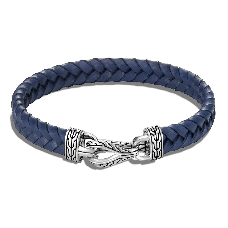 Personalized Bracelets For Couples-Asli Classic Chain Link Silver Bracelet on Blue Braided Leather