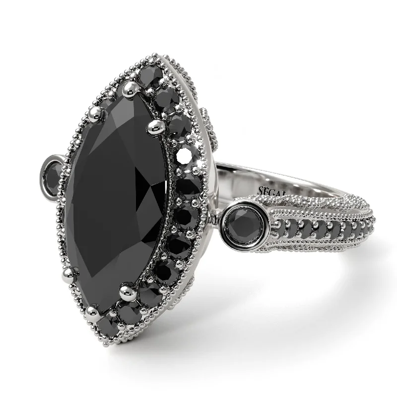 Elegant Engagement Rings For Sophisticated Brides-Milgrain Halo Marquise Black Diamond Engagement Ring - Noreen No. 39