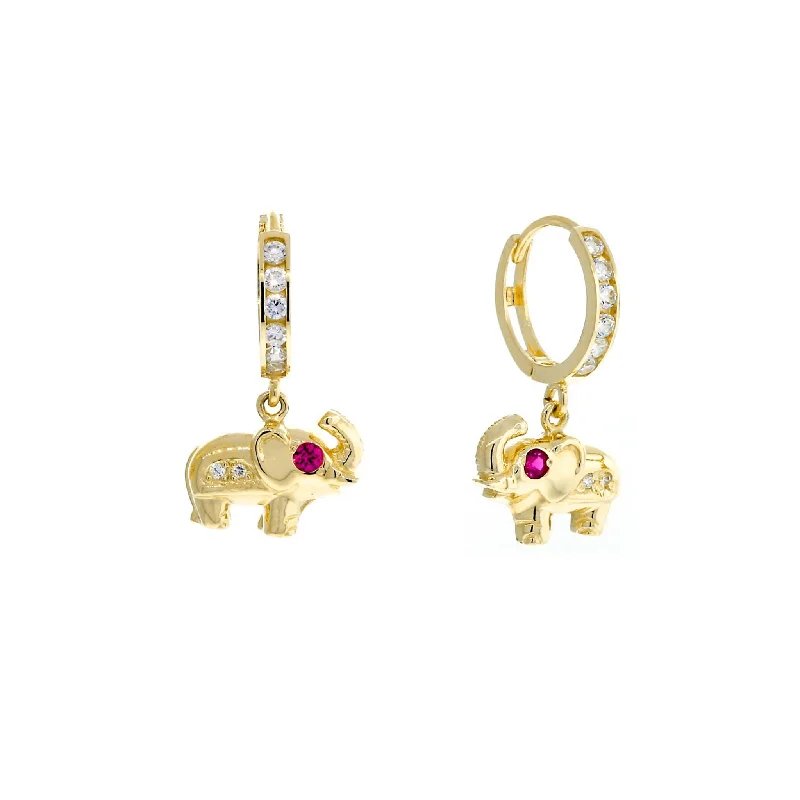 Trendy Earrings With Geometric Shapes-Zirconia Red-Eyes Elephant Hanging Huggie Earrings (14K)