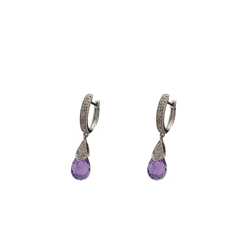 Elegant Hoop Earrings For Brides-Rose-Cut Amethyst Drop Huggie Earrings (14K)