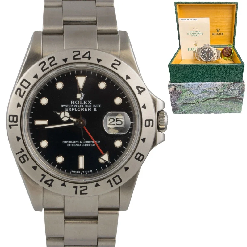 Men’s Watches With Compass Functions-1999 Rolex Explorer II Black Stainless Steel 40mm Watch 16570 BOX + PAPERS