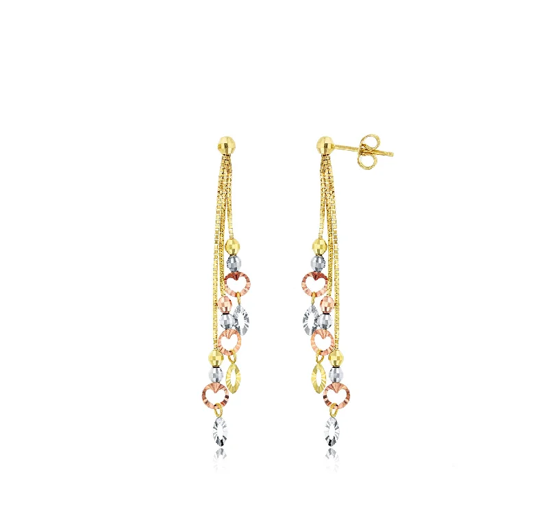 Sparkling Hoop Earrings For Parties-Tricolor Diamond Cut Bead Heart Dangling Earrings (14K)