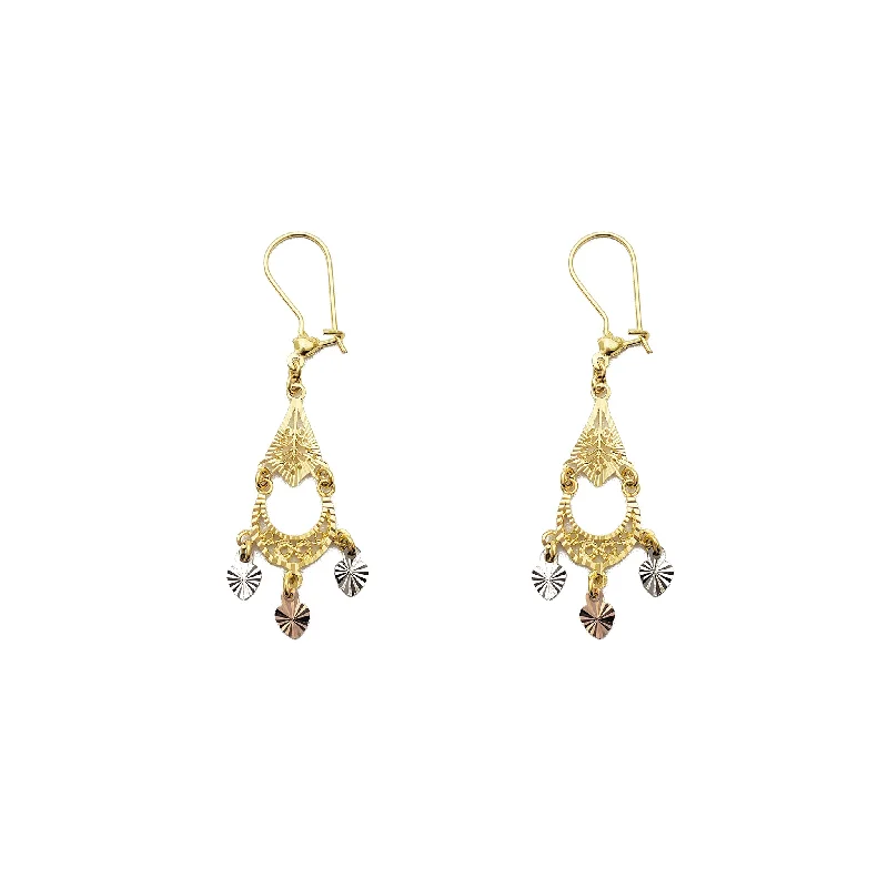 Colorful Crystal Earrings For Day Wear-Tricolor 3-Hearts Chandelier Dangling Earrings (14K)