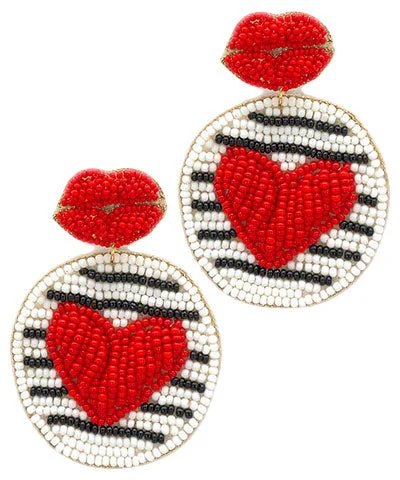 Colorful Earrings With Mixed Gemstones For Bold Style-Beaded Heart & Lips Earrings Red