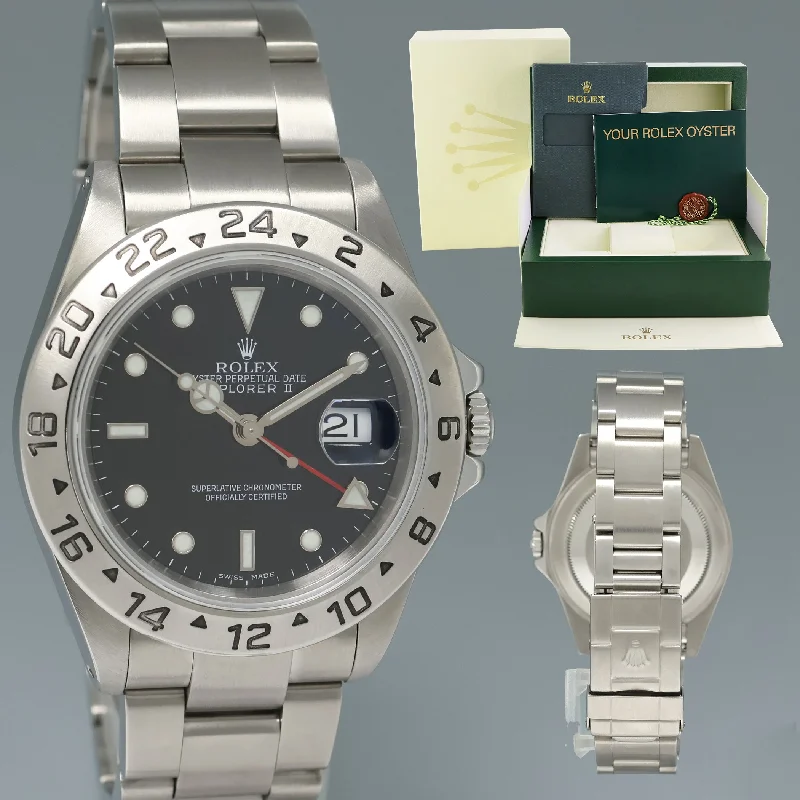 Elegant Watches For Professional Women-MINT 2000 Rolex Explorer II 16570 Stainless Steel Black Dial GMT 40mm Watch Box