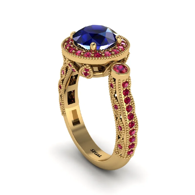 Unique Gemstone Wedding Rings For Grooms-Milgrain Halo Pave Sapphire Engagement Ring - Mabel No. 58