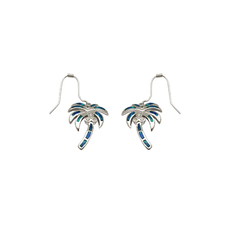 Silver Earrings For Bridesmaid Jewelry-Dangling Opal Palm Tree Earrings (Silver)