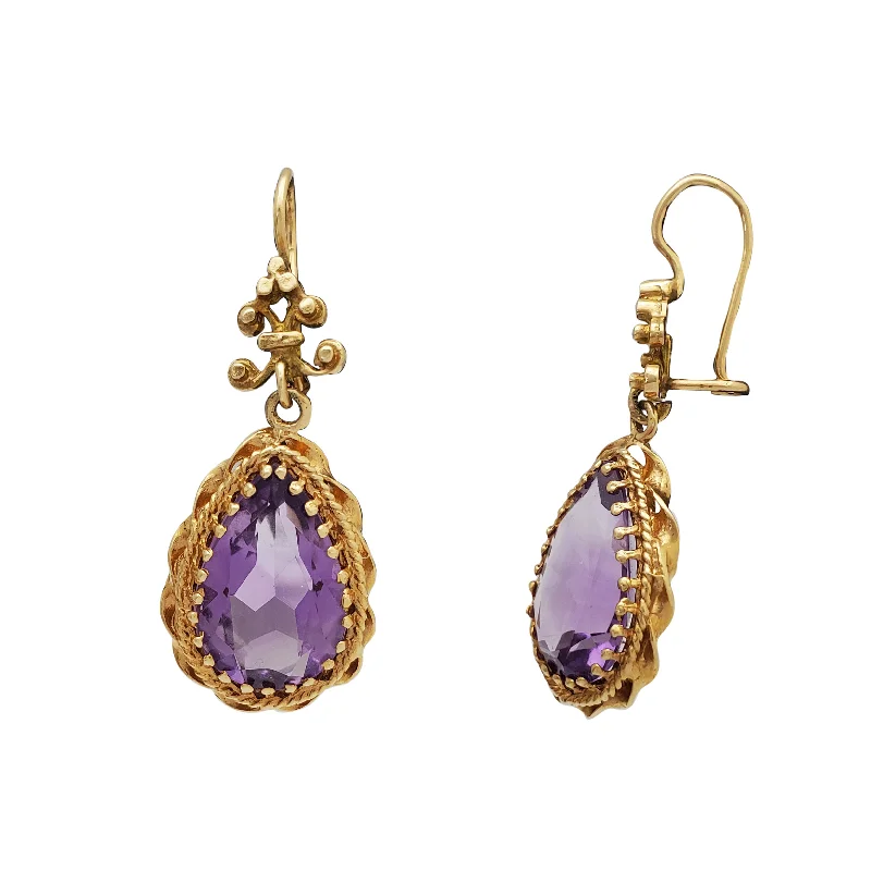 Elegant Long Drop Earrings For Wedding Day-Rose-Cut Pear Amethyst Drop Earrings (14K)