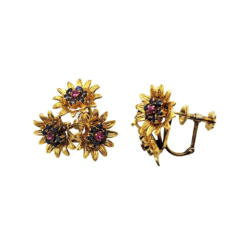 Luxury Earrings With Pearls For Evening Wear-Sapphire Sunflower Screw-Omega-Back Earrings (14K)