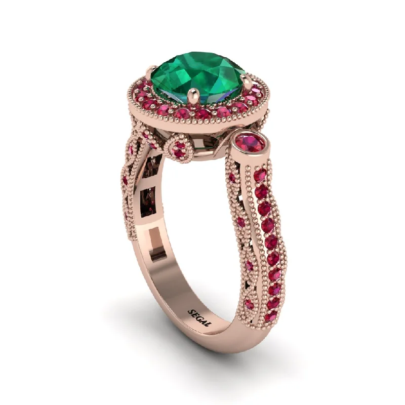 Sparkling Wedding Bands With Colored Stones-Milgrain Halo Pave Emerald Engagement Ring - Mabel No. 50