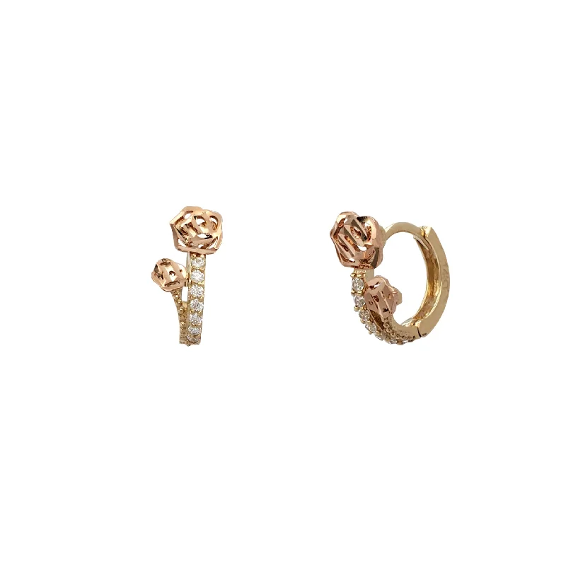 Custom Earrings For Holiday Gifts-Zirconia Two-Tone Long Stem Rose Huggie Earrings (14K)