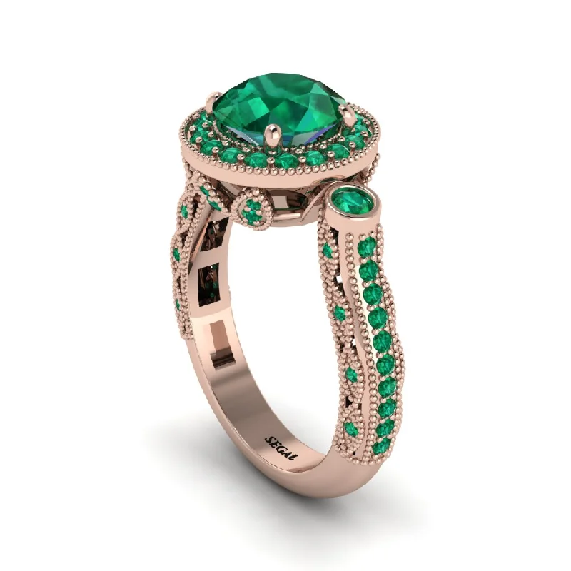 Personalized Wedding Rings For Fashion-Forward Couples-Milgrain Halo Pave Emerald Engagement Ring - Mabel No. 20