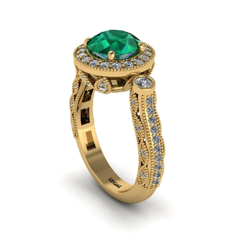 Elegant Wedding Bands For Stylish Brides-Milgrain Halo Pave Emerald Engagement Ring - Mabel No. 4