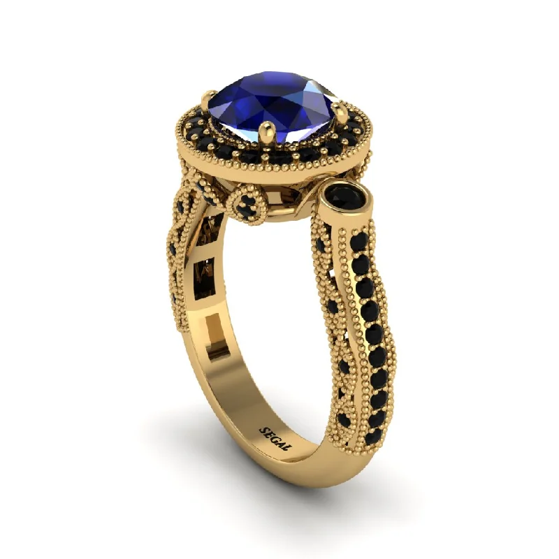 Trendy Gold Rings For Custom Wedding Bands-Milgrain Halo Pave Sapphire Engagement Ring - Mabel No. 43