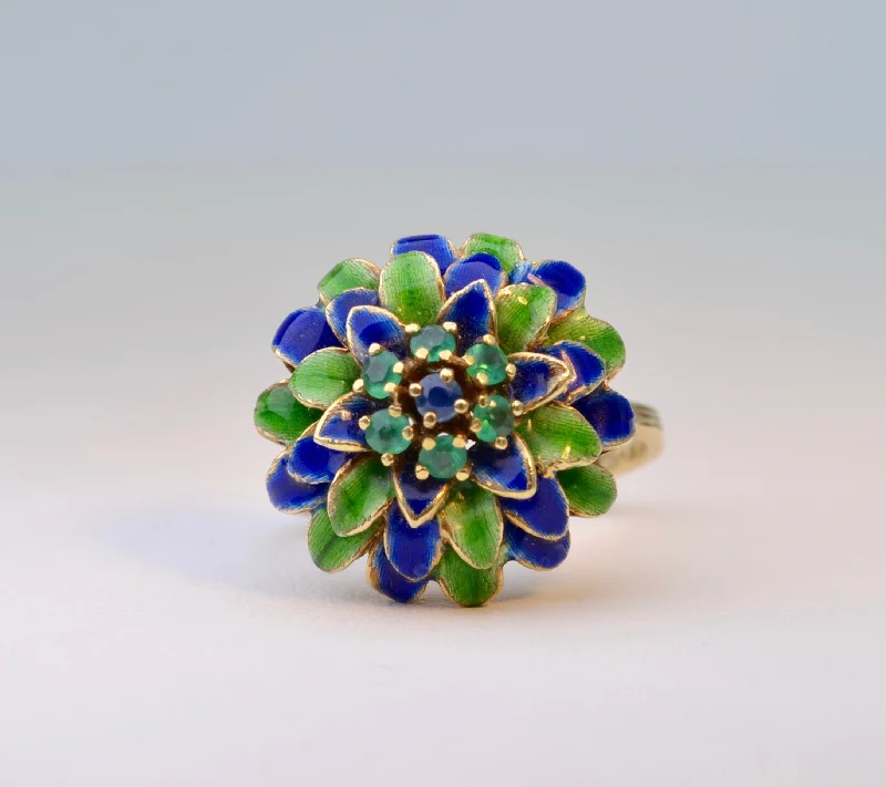 Luxury Custom Engagement Rings For Brides-Enamel Flower Ring with Emerald and Sapphire Accents in 14K Yellow Gold