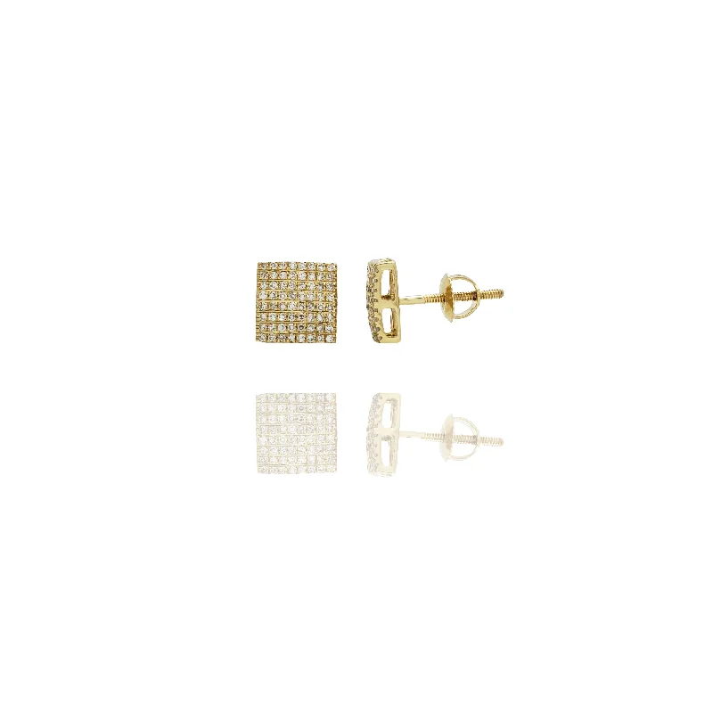 Statement Earrings For Boho Style-Yellow Gold Layered Icy Bling Square Screw Back Diamond Earrings (14K)