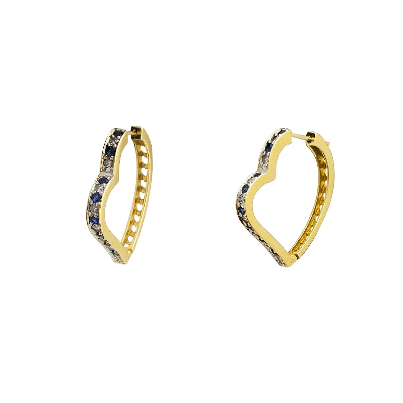 Trendy Earrings With Mixed Materials-Diamond & Sapphire Heart-Shape Hoops Earrings (14K)