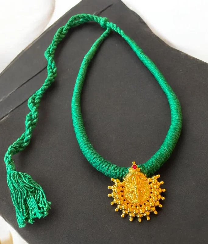 Classic Heart Necklace For Bridal Gifts-The Nagara Lakshmi Silver Thread Necklace & Earrings (Green)