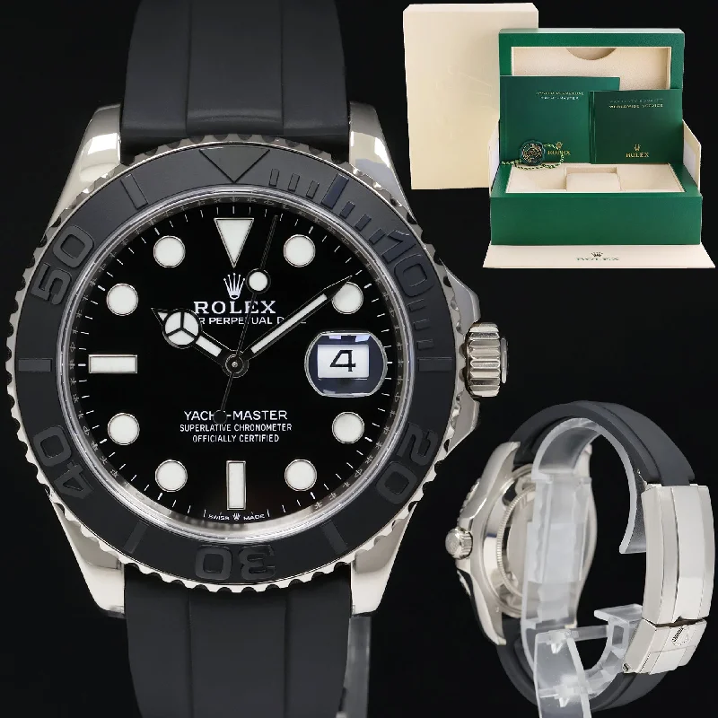 Women’s Watches With Crystal Detailing-MINT 2022 Rolex Yacht-Master 226659 White Gold 42mm Oysterflex Rubber Watch Box