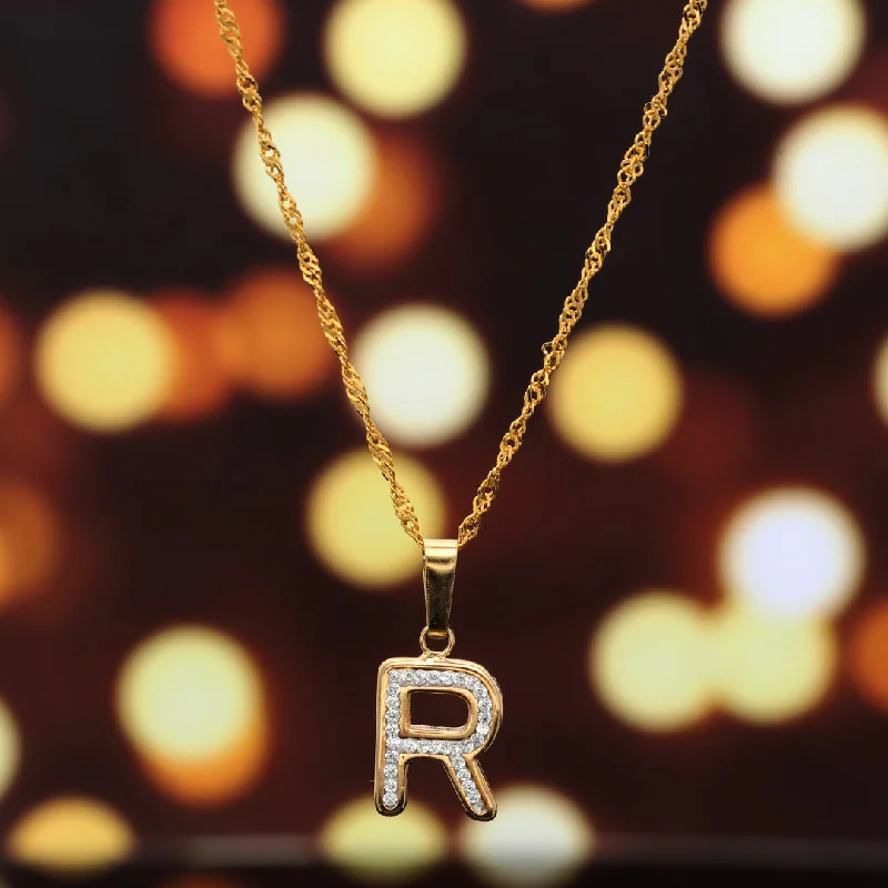 Colorful Crystal Necklace For Casual Wear-Gold Necklace (Chain with R Shaped Alphabet Letter Pendant) 18KT - FKJNKL18K9421