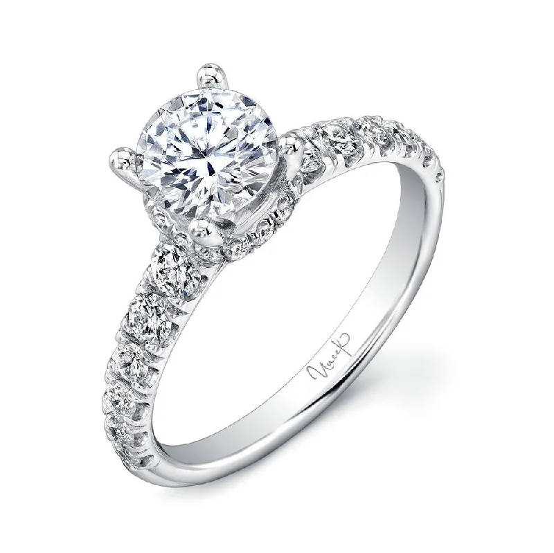 Trendy Custom Engagement Rings For Modern Brides-Uneek Round Diamond Engagement Ring with Low Halo and Graduated Melee Diamonds U-Pave Set on Upper Shank