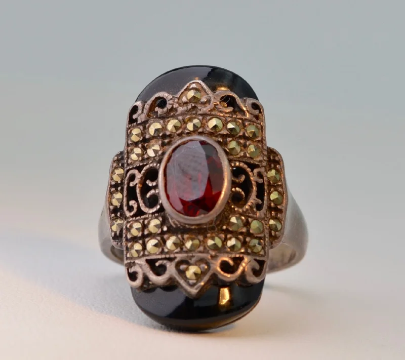 Custom Wedding Rings For Bridesmaids-Onyx Marcasite Garnet Ring in Sterling Silver