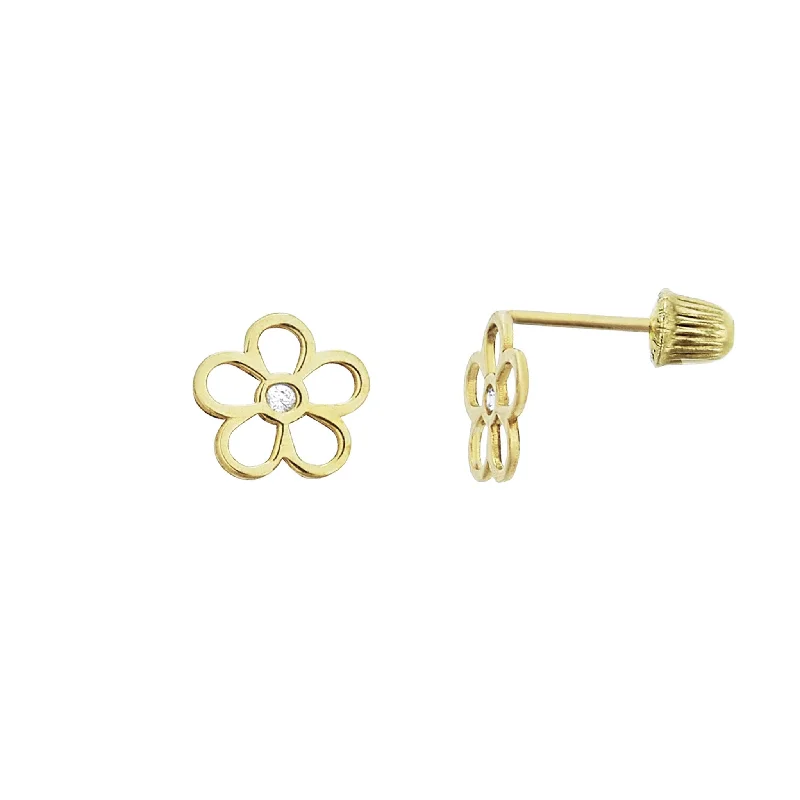 Vintage Gold Earrings For Bridesmaids-Outlined Flower CZ Stud Earrings (14K)