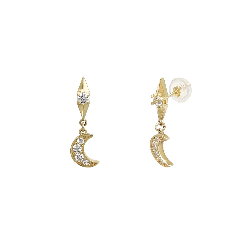 Statement Earrings With Natural Crystals-Crescent Moon Stud Hanging Earrings (14K)