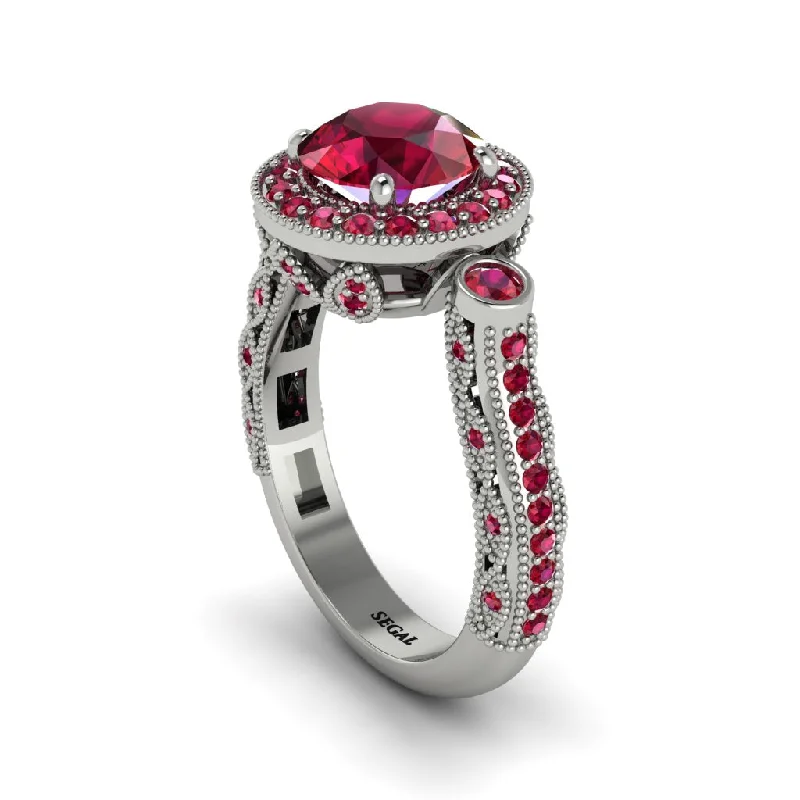 Sparkling Engagement Rings With Gemstones-Milgrain Halo Pave Ruby Engagement Ring - Mabel No. 57