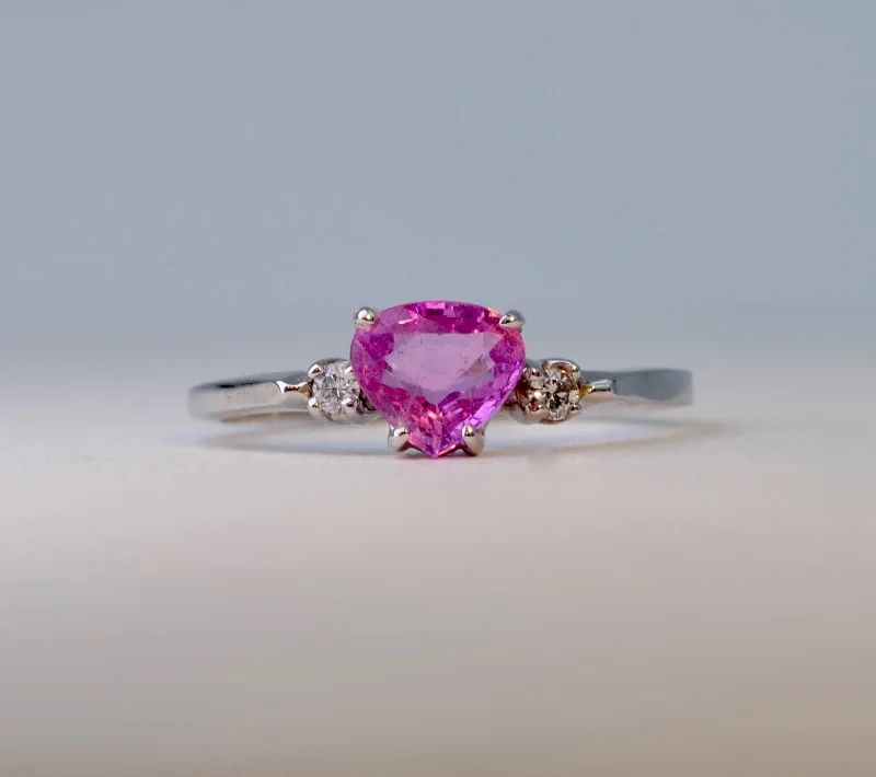 Sparkling Engagement Rings With Gemstones-14K White Gold ring with one center Pink Sapphire and 2 side Diamonds