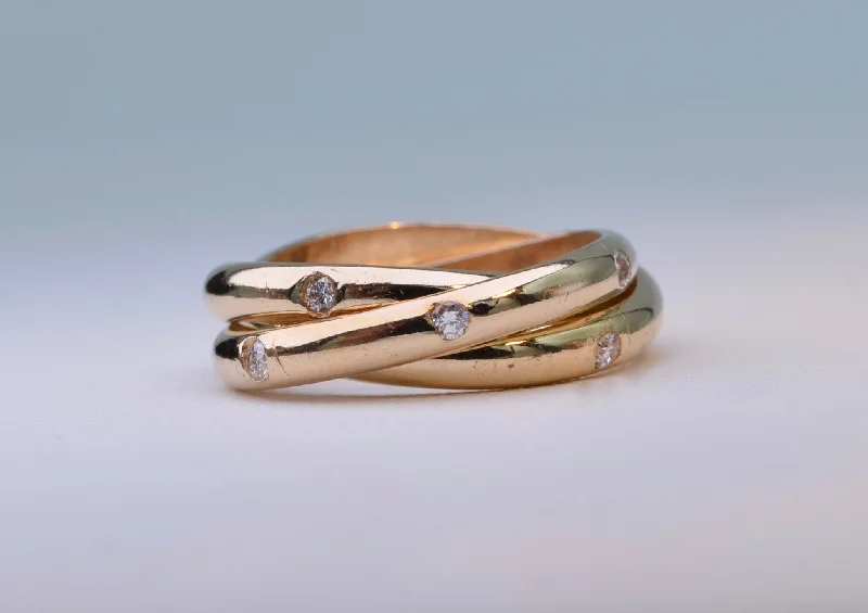 Simple Engagement Rings For Special Proposals-14K Yellow gold Cartier-Style roller rings with 4, 5 and 6 diamonds each