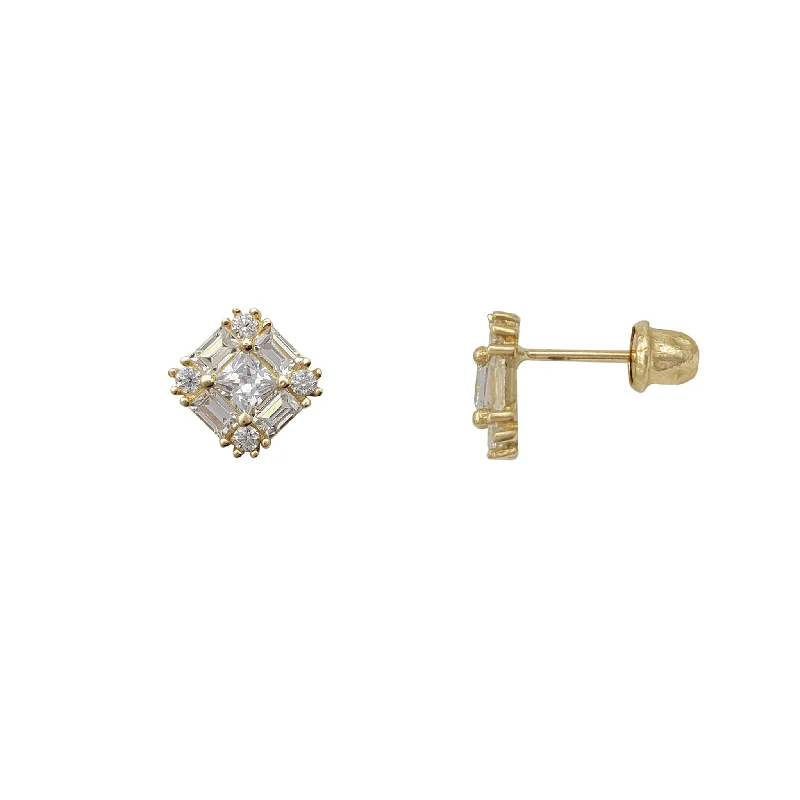 Statement Earrings With Natural Crystals-Zirconia Baguettes & Princess-Cut Stud Earrings (14K)