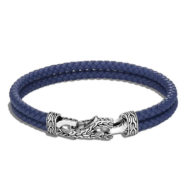 Beautiful Birthstone Bracelets For Women-Asli Classic Chain Link Silver Bracelet on Blue Woven Leather