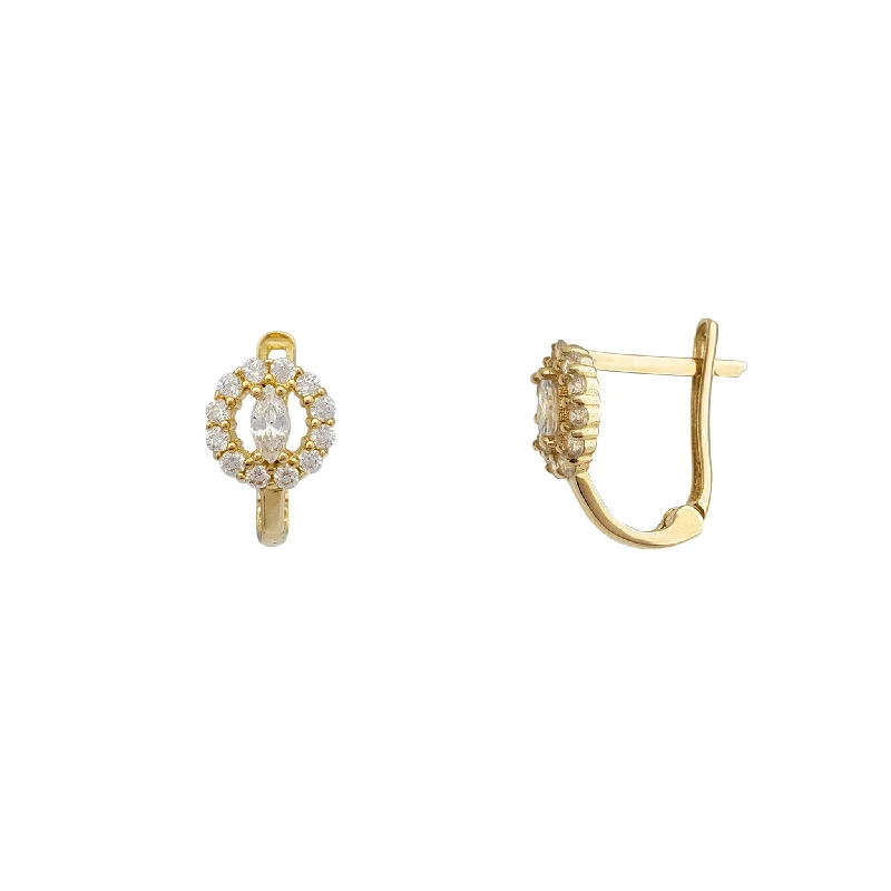 Elegant Gold Earrings For Special Events-Zirconia Halo Marquise Huggie Earrings (14K)