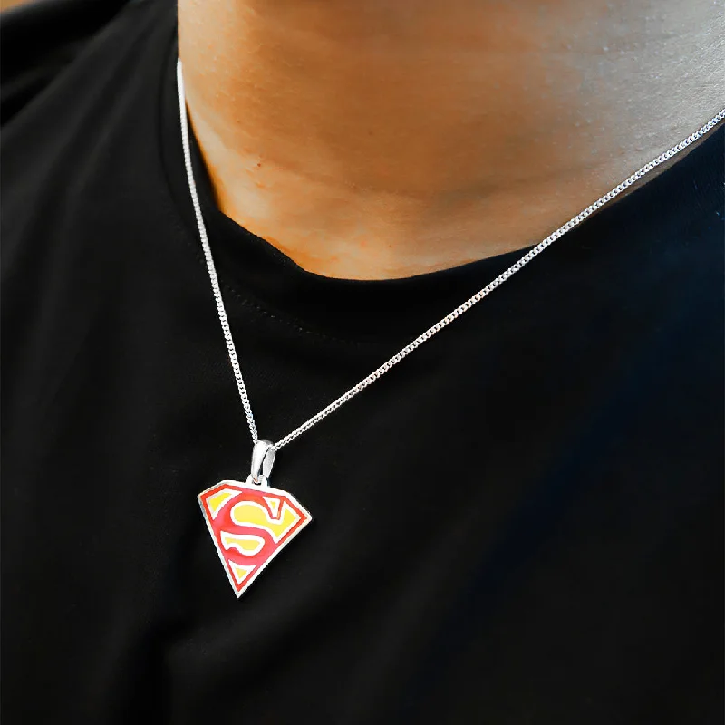 Long Pendant Necklace For Weddings-Sterling Silver 925 Chain With Superman Pendant Men's Necklace - FKJNKLSL9651