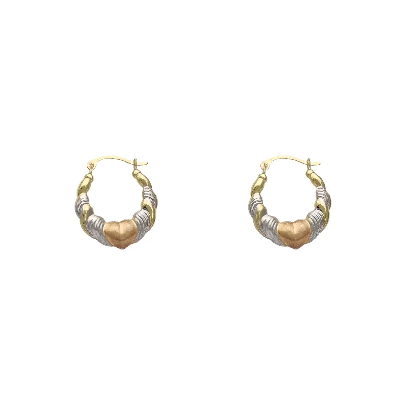 Elegant Drop Earrings For Bridesmaids-Tri-Tone Heart Hoop Earrings (14K)