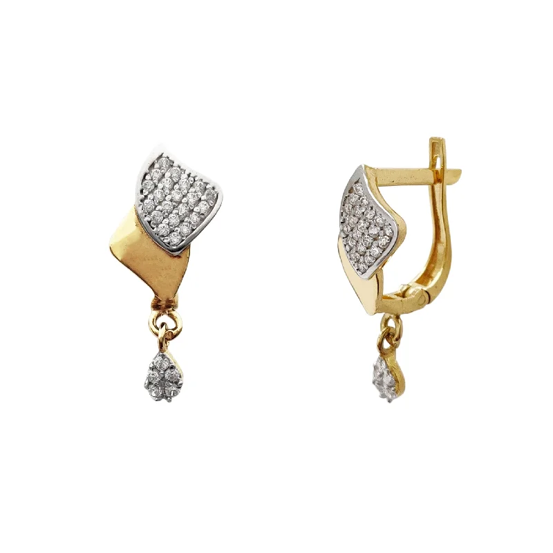 Large Dangle Earrings For Formal Occasions-Two-Tone Pave Teardrop Hanging Huggie Earrings (14K)