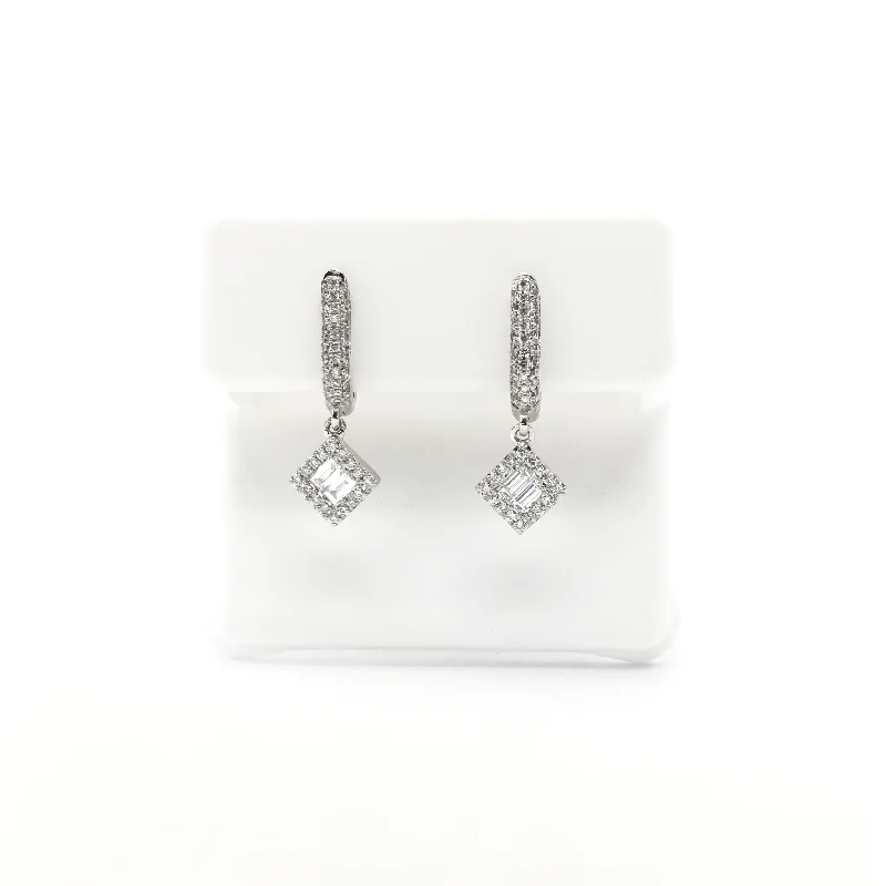 Simple Silver Drop Earrings For Casual Wear-Baguette and Round Diamond Dangling Earrings (14K)