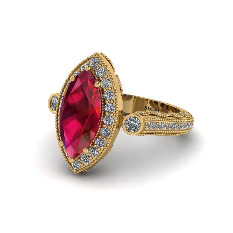 Sparkling Gemstone Wedding Bands For Bridesmaids-Milgrain Halo Marquise Ruby Engagement Ring - Noreen No. 10