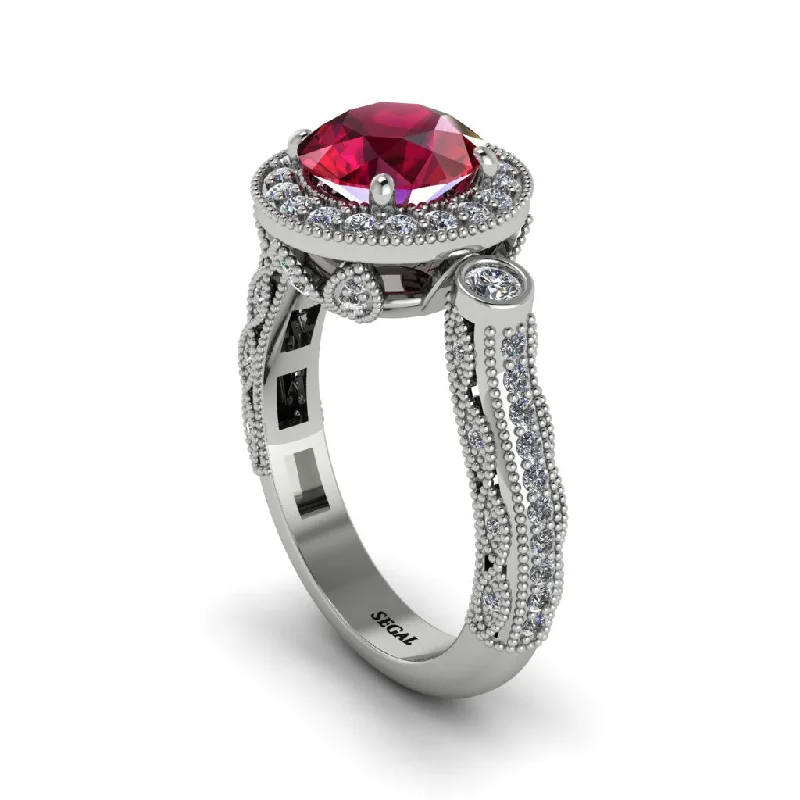 Trendy Gemstone Wedding Rings For Elegant Brides-Milgrain Halo Pave Ruby Engagement Ring - Mabel No. 12