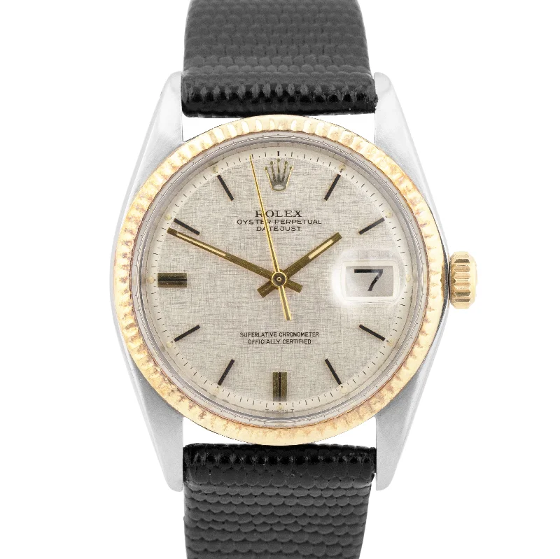 Personalized Watches For Men-1973 VINTAGE Rolex DateJust 36mm Silver Linen Pie-Pan Two-Tone Fluted Watch 1601