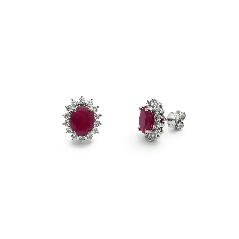 Chic Silver Hoop Earrings For Casual Wear-Oval Ruby Diamond Halo Stud Earrings (14K)