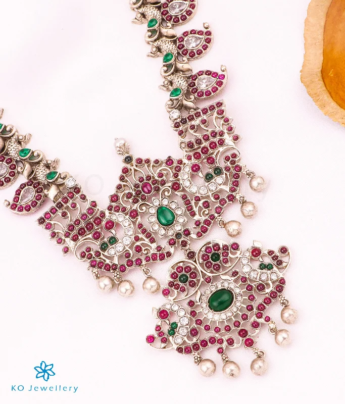 Handcrafted Crystal Necklace For Weddings-The Chandravadana Silver Mango Makarakanti Necklace