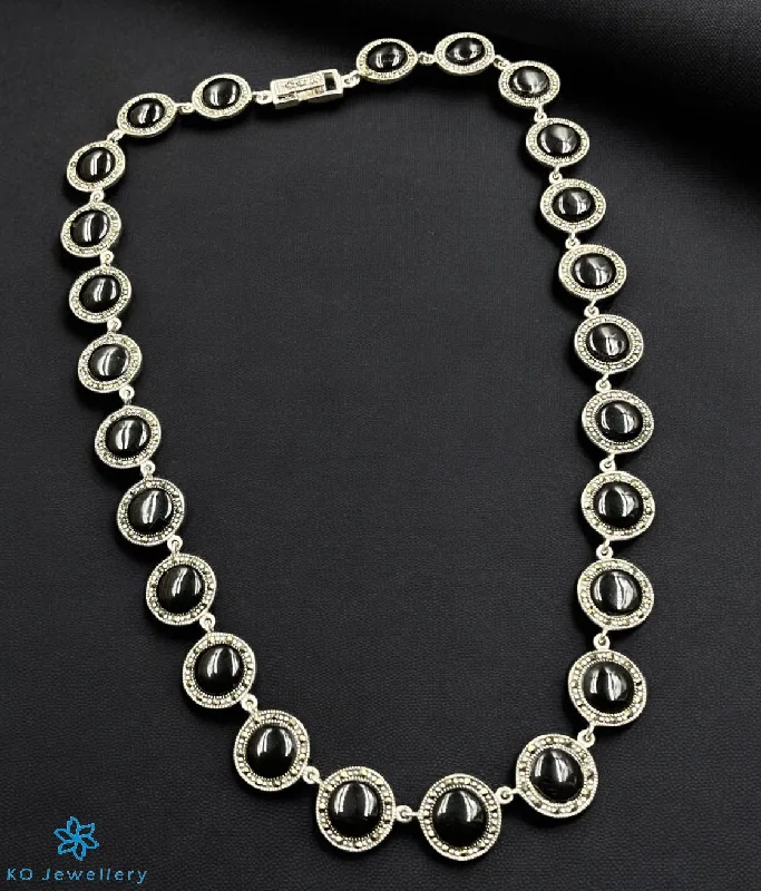 Handcrafted Crystal Necklace For Weddings-The Black Circlet Silver Marcasite Necklace