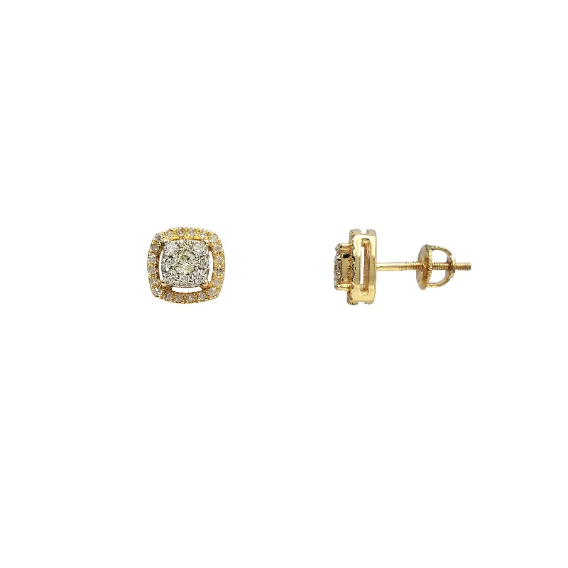 Handmade Earrings For Bridesmaids-Diamond Two-Tone Halo Square Stud Earrings (14K)