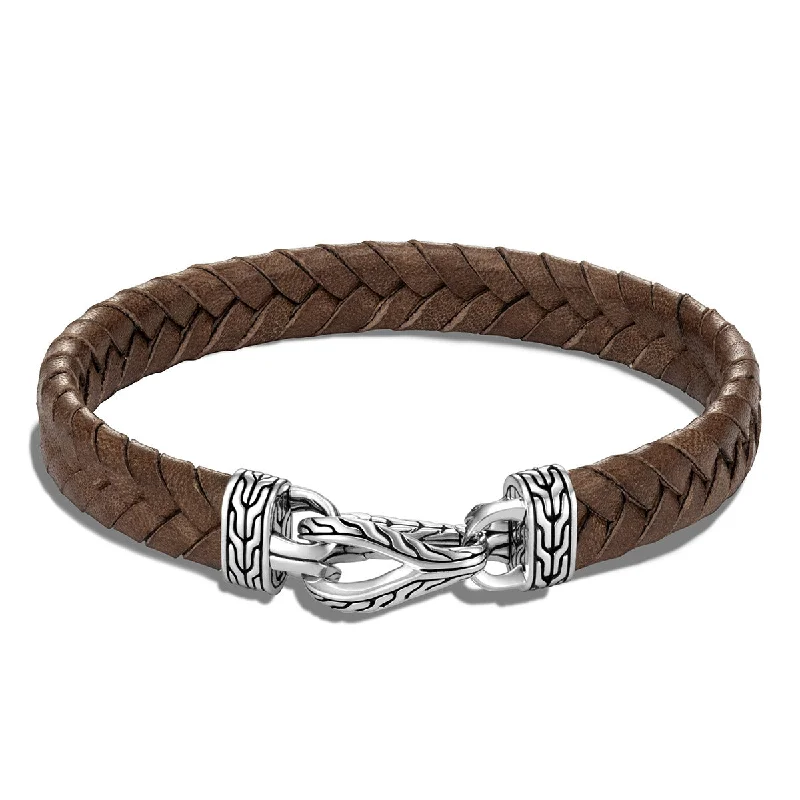 Colorful Wrap Bracelets For Teens-Asli Classic Chain Link Silver Bracelet on Brown Braided Leather