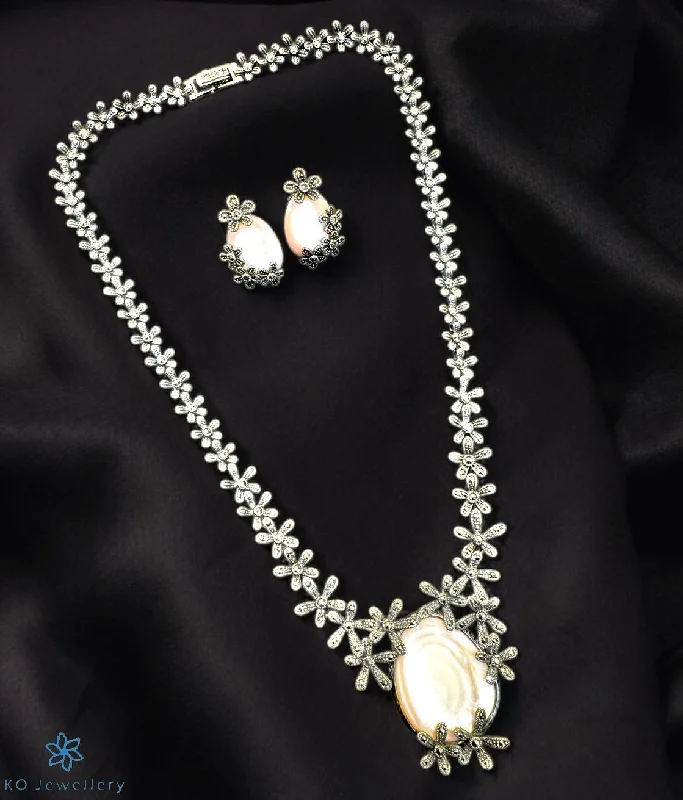 Custom Bar Necklace For Special Occasions-The Ryna Silver Marcasite Necklace & Earrings (Pearl)