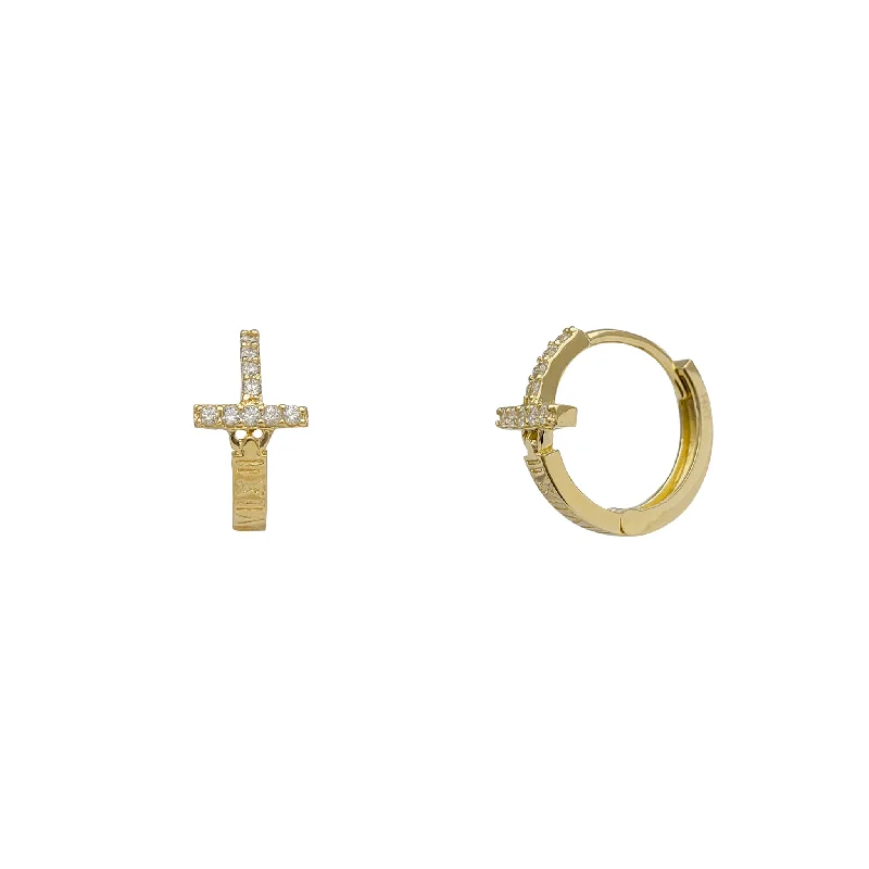 Trendy Silver Earrings For Casual Wear-Zirconia Cross Roman's Number Huggie Earrings (14K)