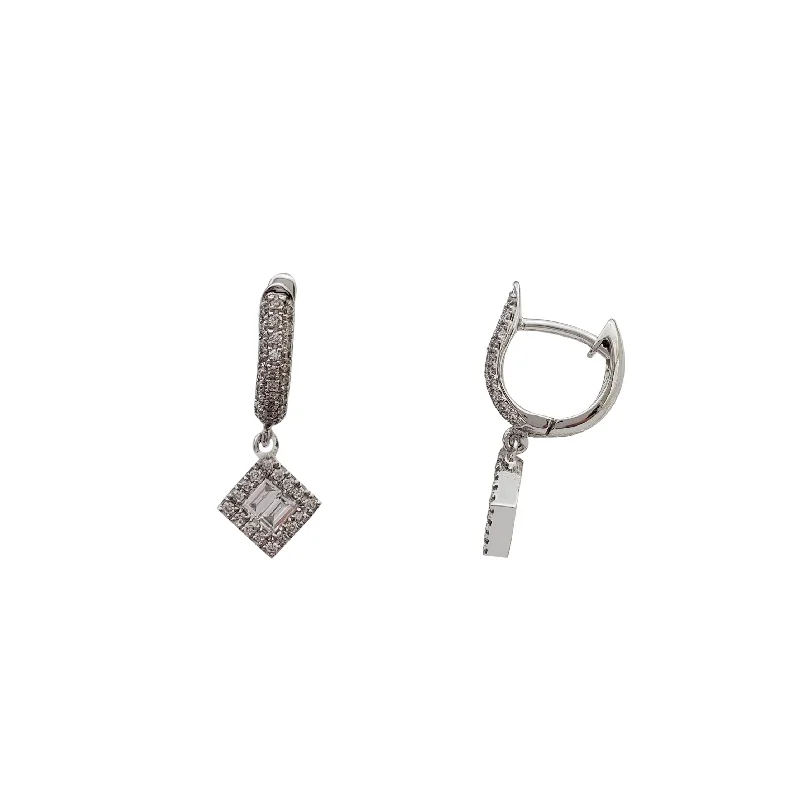 Custom Beaded Earrings For Wedding Day-Diamond Baguette Rhombus-Shape Dangling Huggie Earrings (14K)